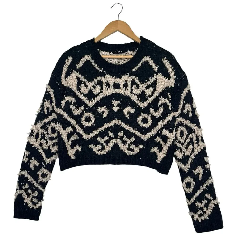 STORIA Sweater Womens Medium Blue Mohair Wool Textured Knit Cropped Boho Cozy